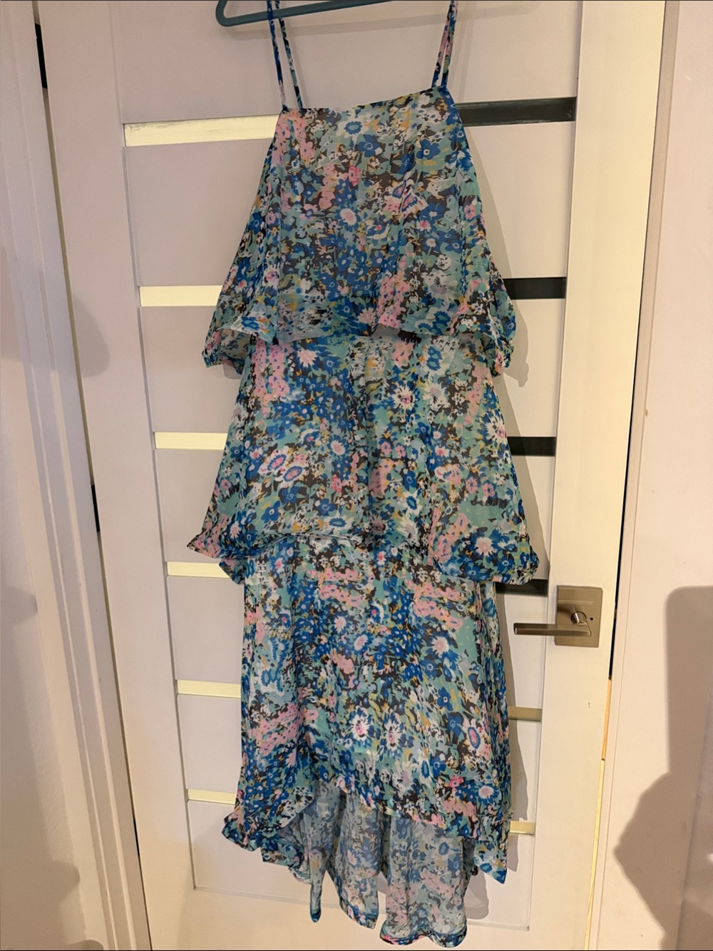 Tiered Floral Spaghetti Strap Dress in Blue & Pink. XL
